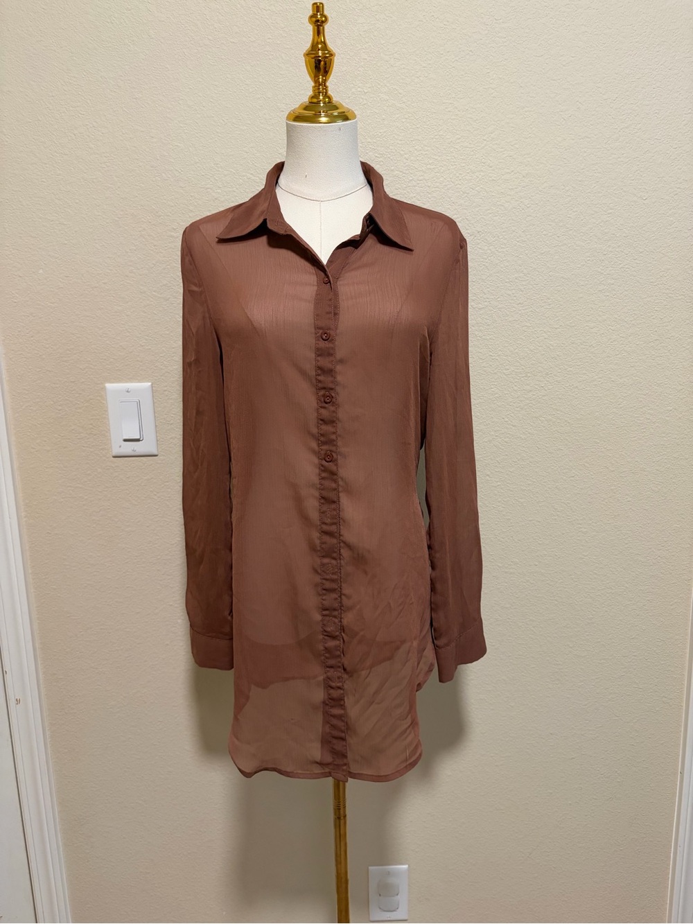Fashion Nova Sheer Longline Button-Down Shirt - Brown